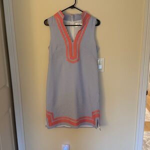 Eliza J Blue and White Striped Dress with Coral Accents
